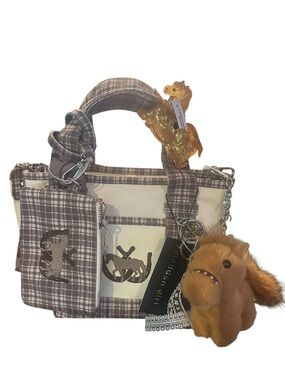 Madden Girl Plaid Brown and Cream Horse Canvas Tote with Charms